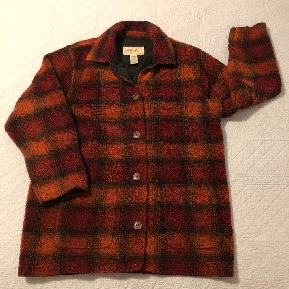 Eddie Bauer Red & Orange Plaid Wool Blend Button-Front Coat